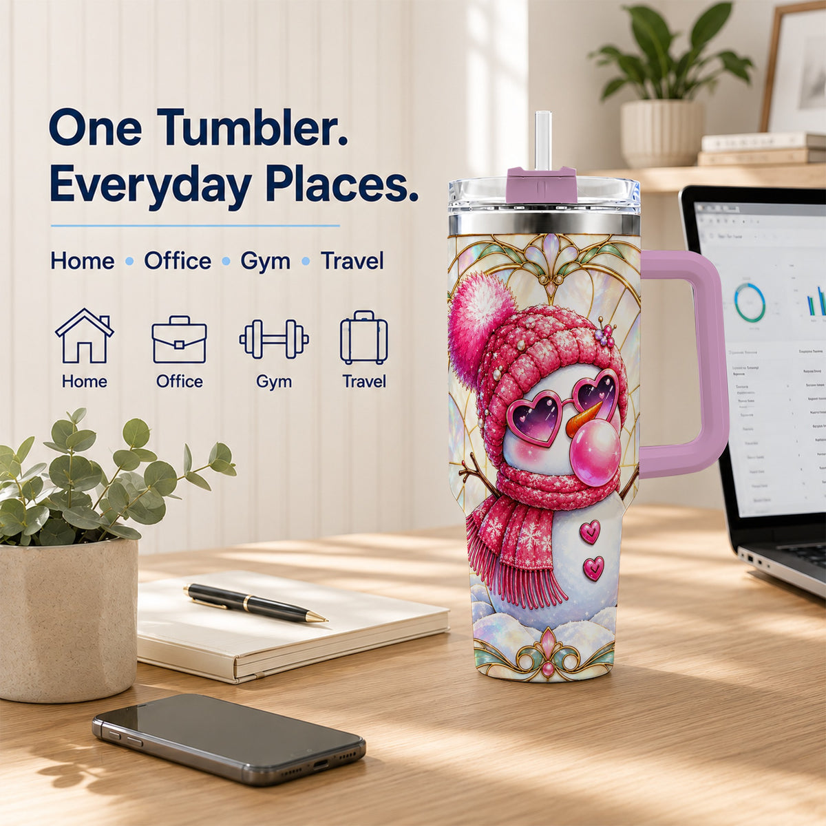 #pl[40oz|Pink] Pink Snowman 40oz Tumbler with Handle, Winter Stainless Steel Travel Cup