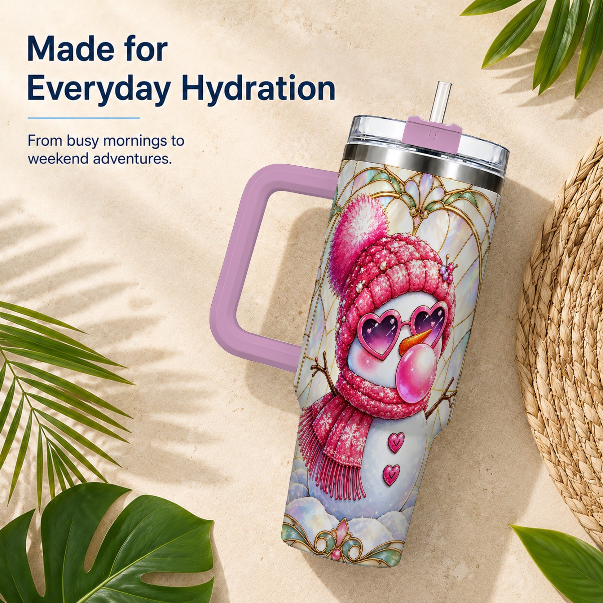 #pl[40oz|Pink] Pink Snowman 40oz Tumbler with Handle, Winter Stainless Steel Travel Cup