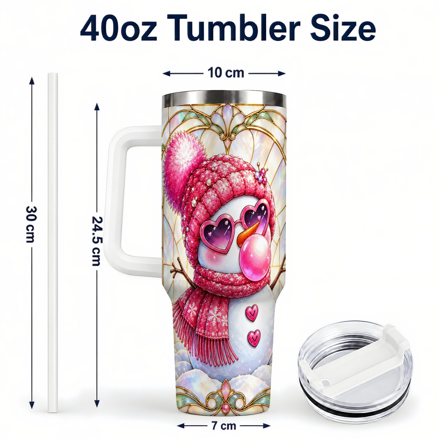 #pl[40oz|White] Pink Snowman 40oz Tumbler with Handle, Winter Stainless Steel Travel Cup