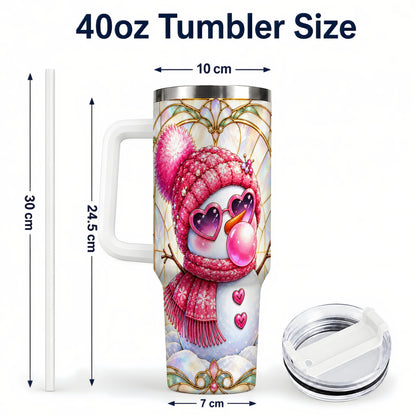 #pl[40oz|White] Pink Snowman 40oz Tumbler with Handle, Winter Stainless Steel Travel Cup