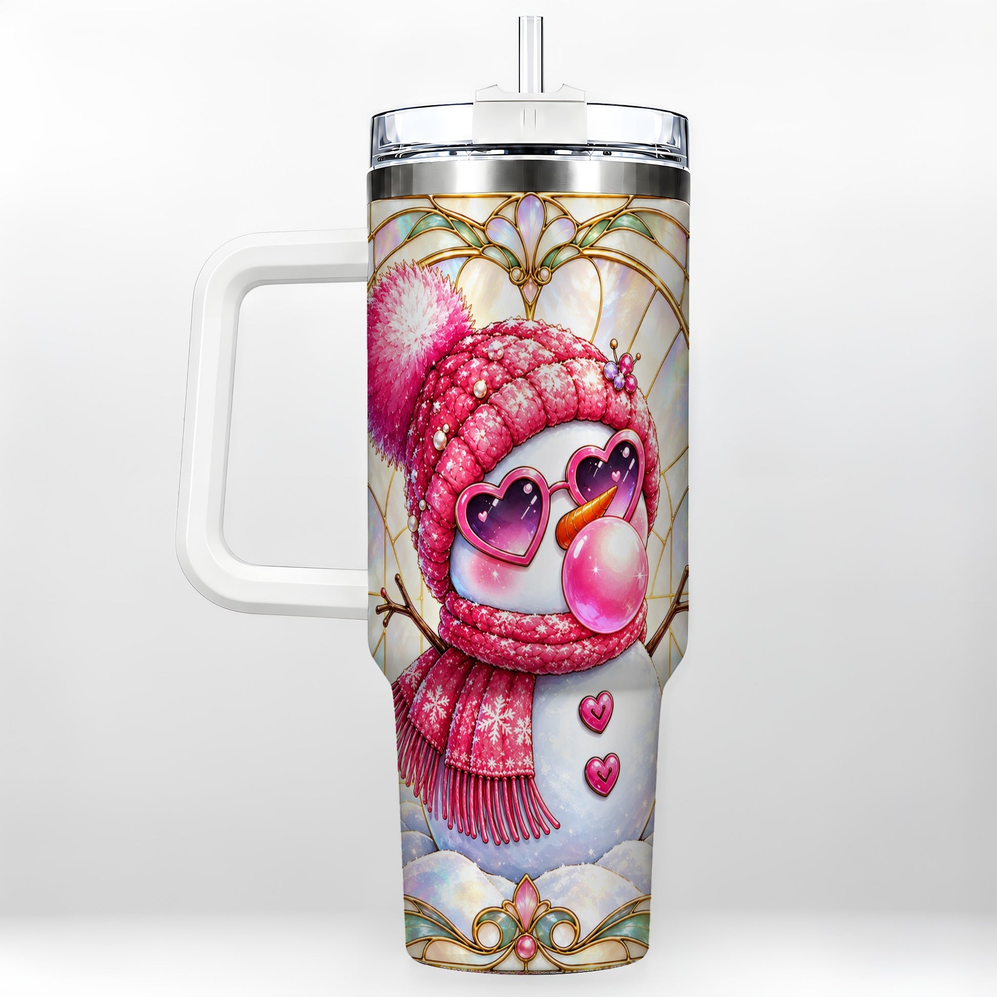 Pink Snowman 40oz Tumbler with Handle, Winter Stainless Steel Travel Cup