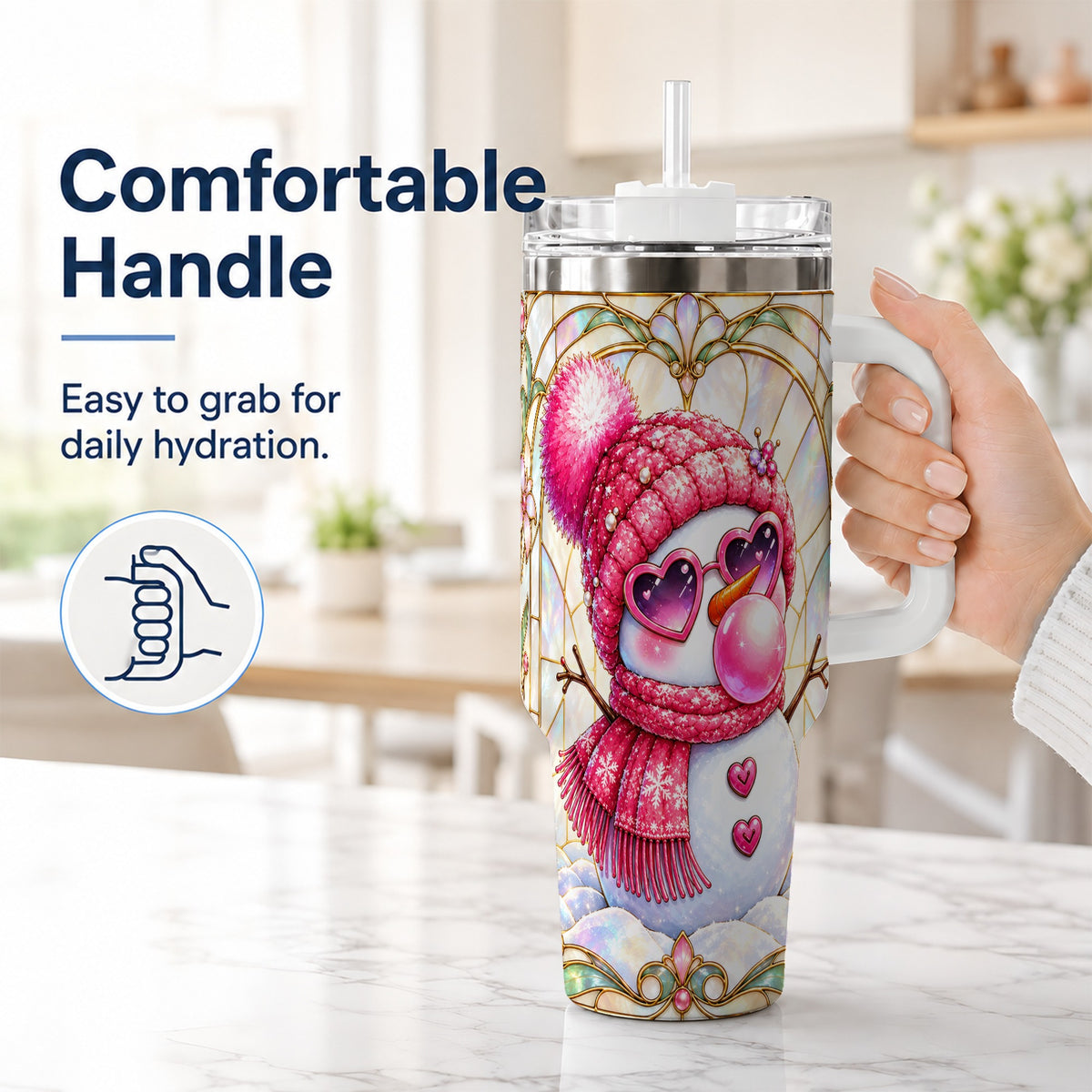 #pl[40oz|White] Pink Snowman 40oz Tumbler with Handle, Winter Stainless Steel Travel Cup