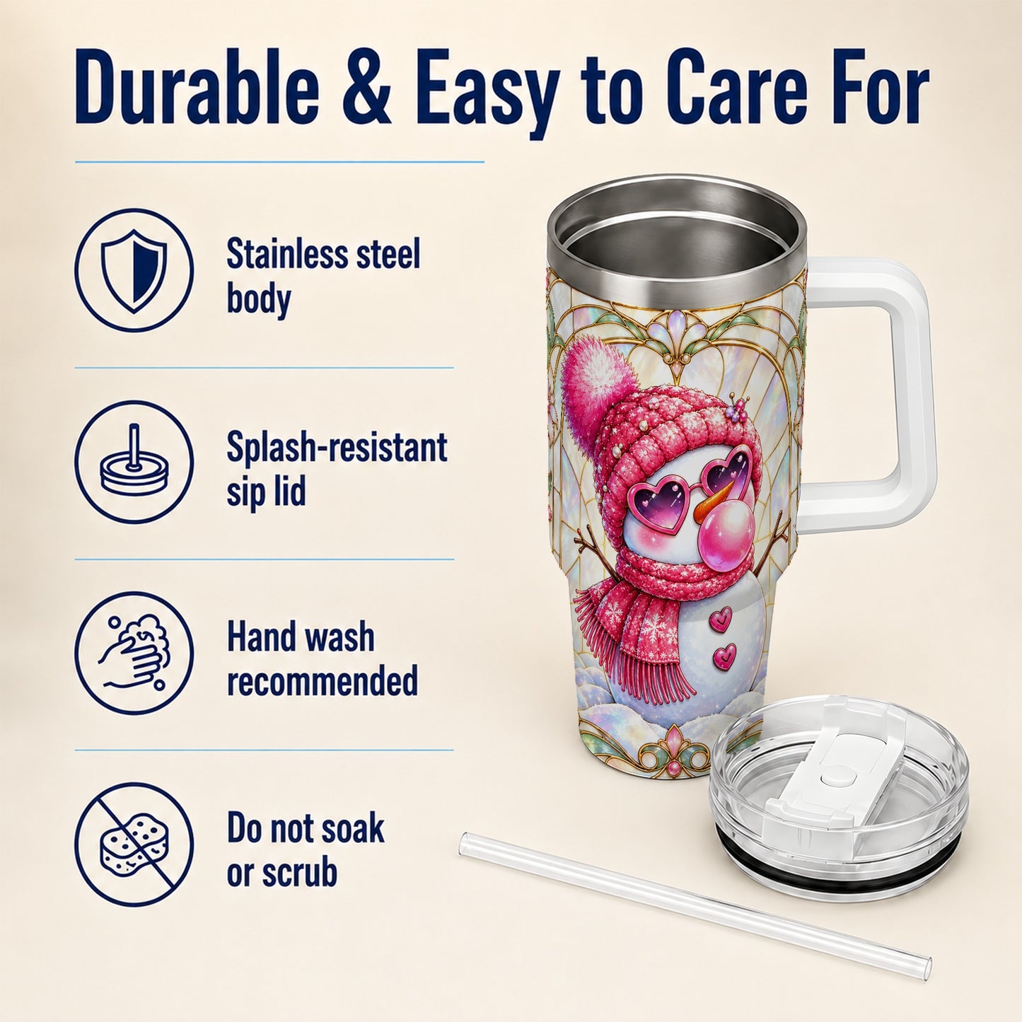 #pl[40oz|White] Pink Snowman 40oz Tumbler with Handle, Winter Stainless Steel Travel Cup