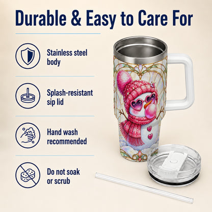 #pl[40oz|White] Pink Snowman 40oz Tumbler with Handle, Winter Stainless Steel Travel Cup