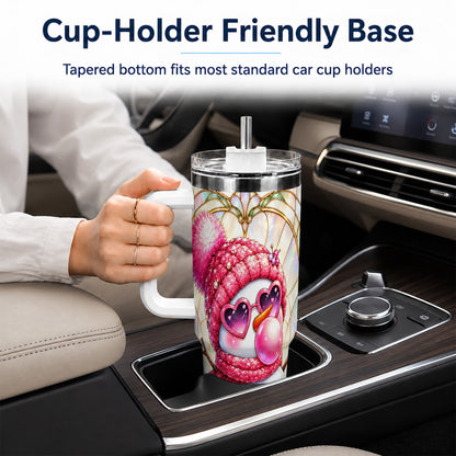 #pl[40oz|White] Pink Snowman 40oz Tumbler with Handle, Winter Stainless Steel Travel Cup