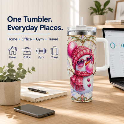 #pl[40oz|White] Pink Snowman 40oz Tumbler with Handle, Winter Stainless Steel Travel Cup