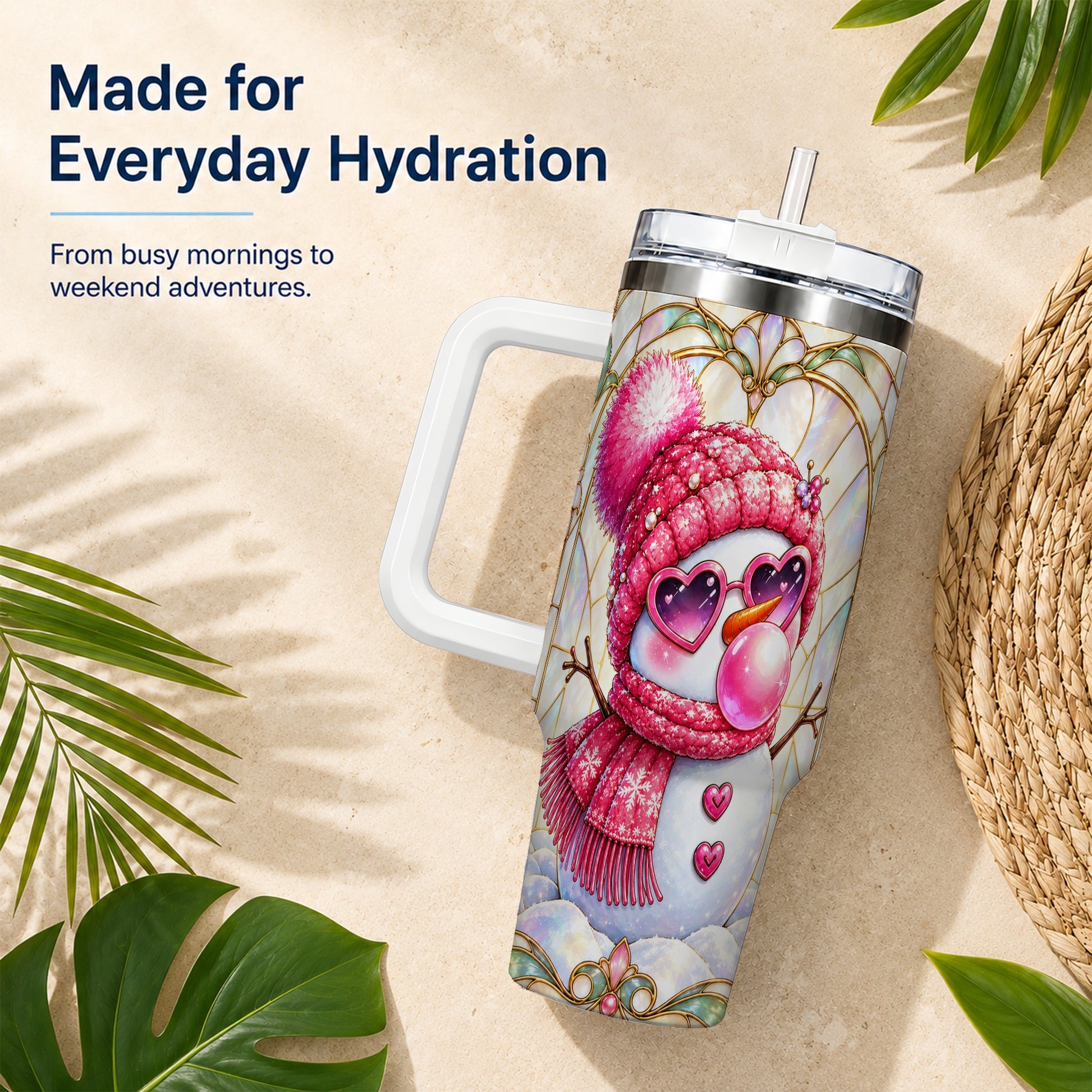 #pl[40oz|White] Pink Snowman 40oz Tumbler with Handle, Winter Stainless Steel Travel Cup