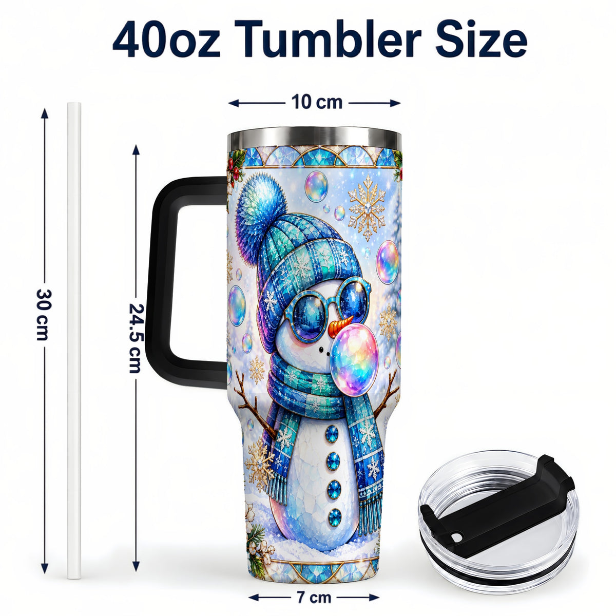 #pl[40oz|Black] Blue Snowman 40oz Tumbler with Handle, Winter Stainless Steel Travel Cup
