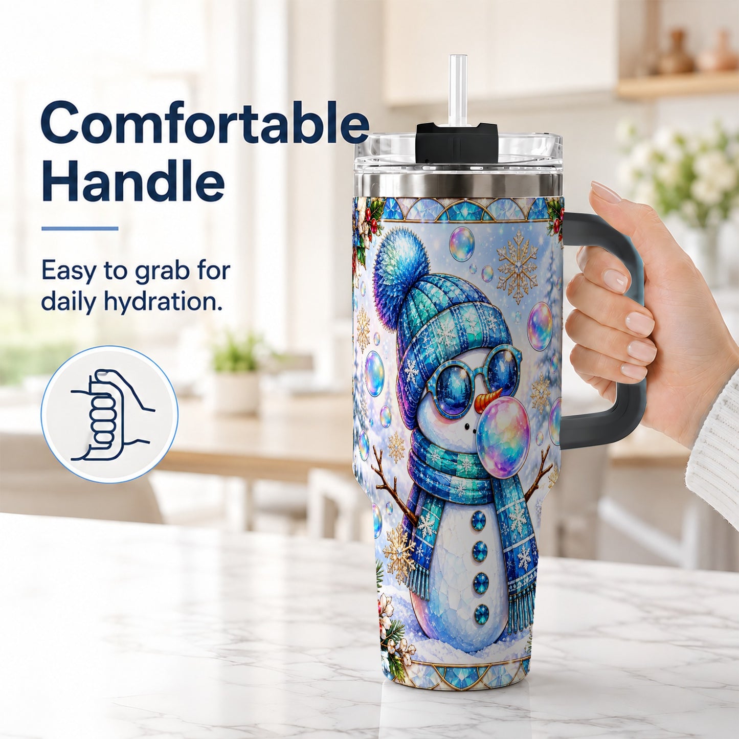 #pl[40oz|Black] Blue Snowman 40oz Tumbler with Handle, Winter Stainless Steel Travel Cup