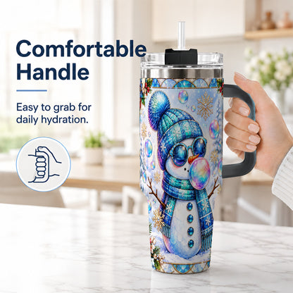 #pl[40oz|Black] Blue Snowman 40oz Tumbler with Handle, Winter Stainless Steel Travel Cup