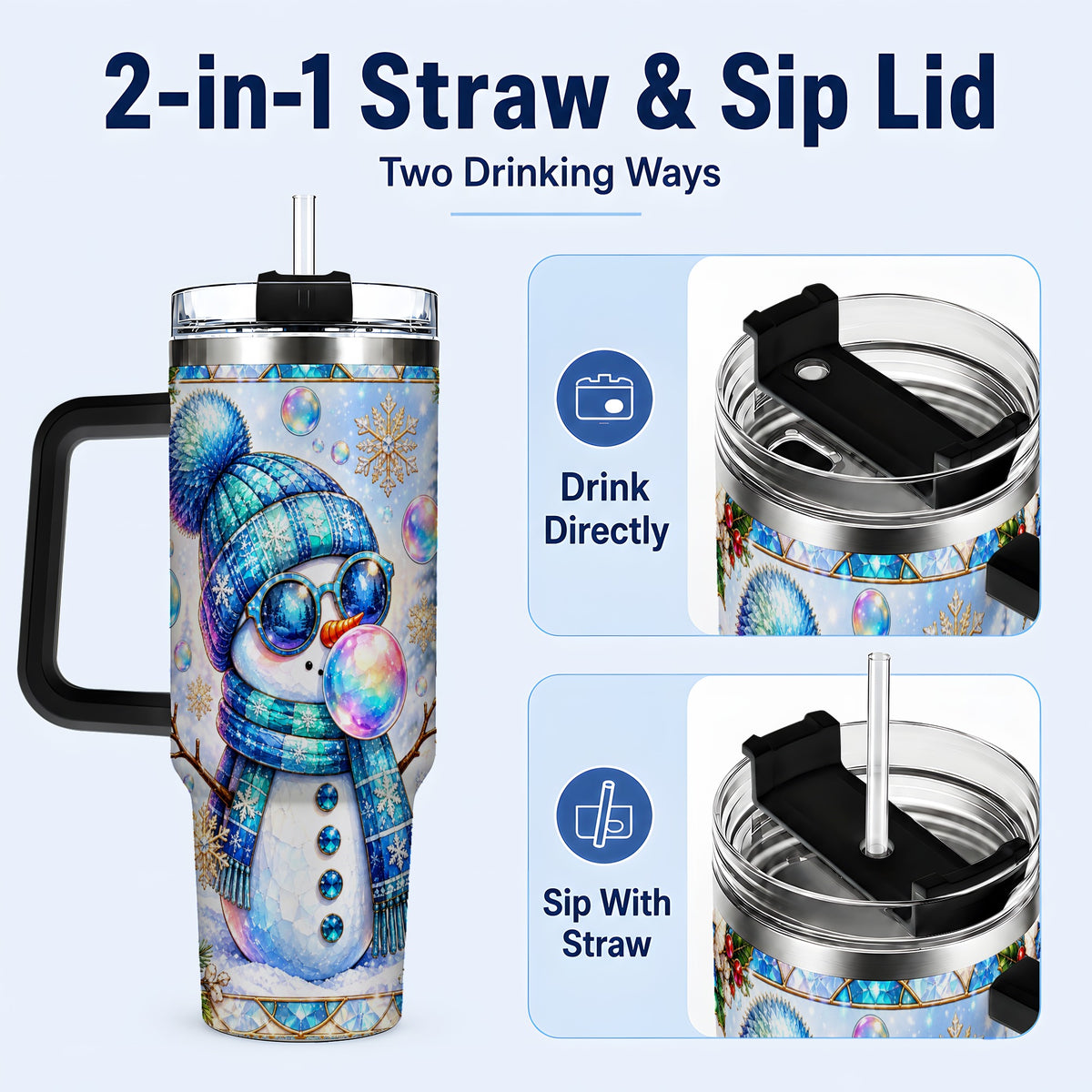 #pl[40oz|Black] Blue Snowman 40oz Tumbler with Handle, Winter Stainless Steel Travel Cup