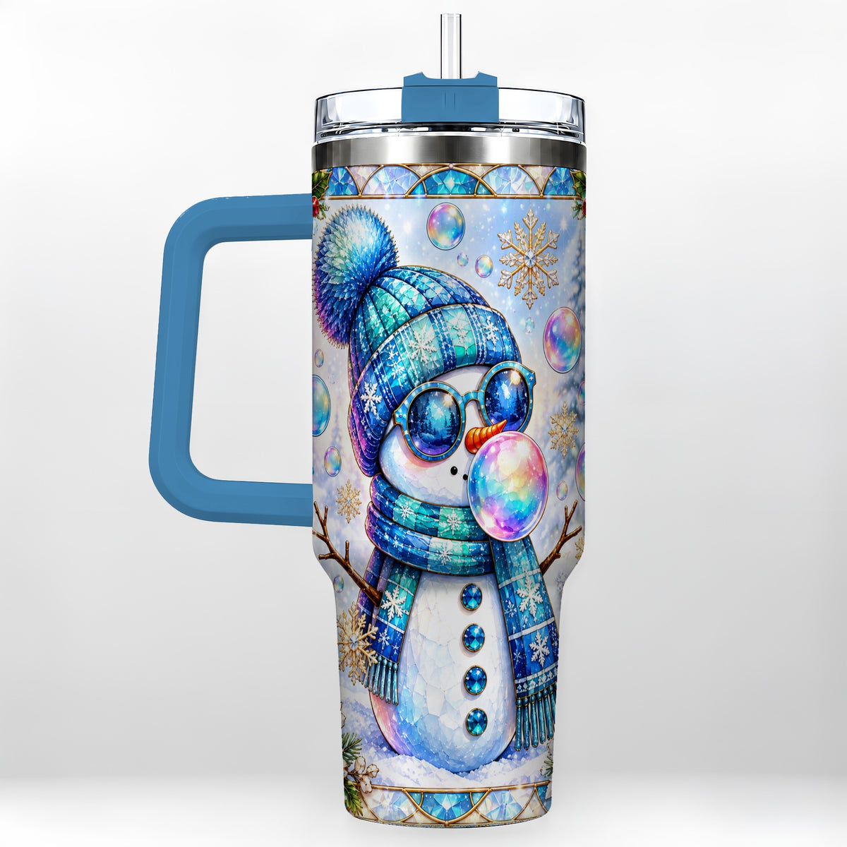 #pl[40oz|Blue] Blue Snowman 40oz Tumbler with Handle, Winter Stainless Steel Travel Cup