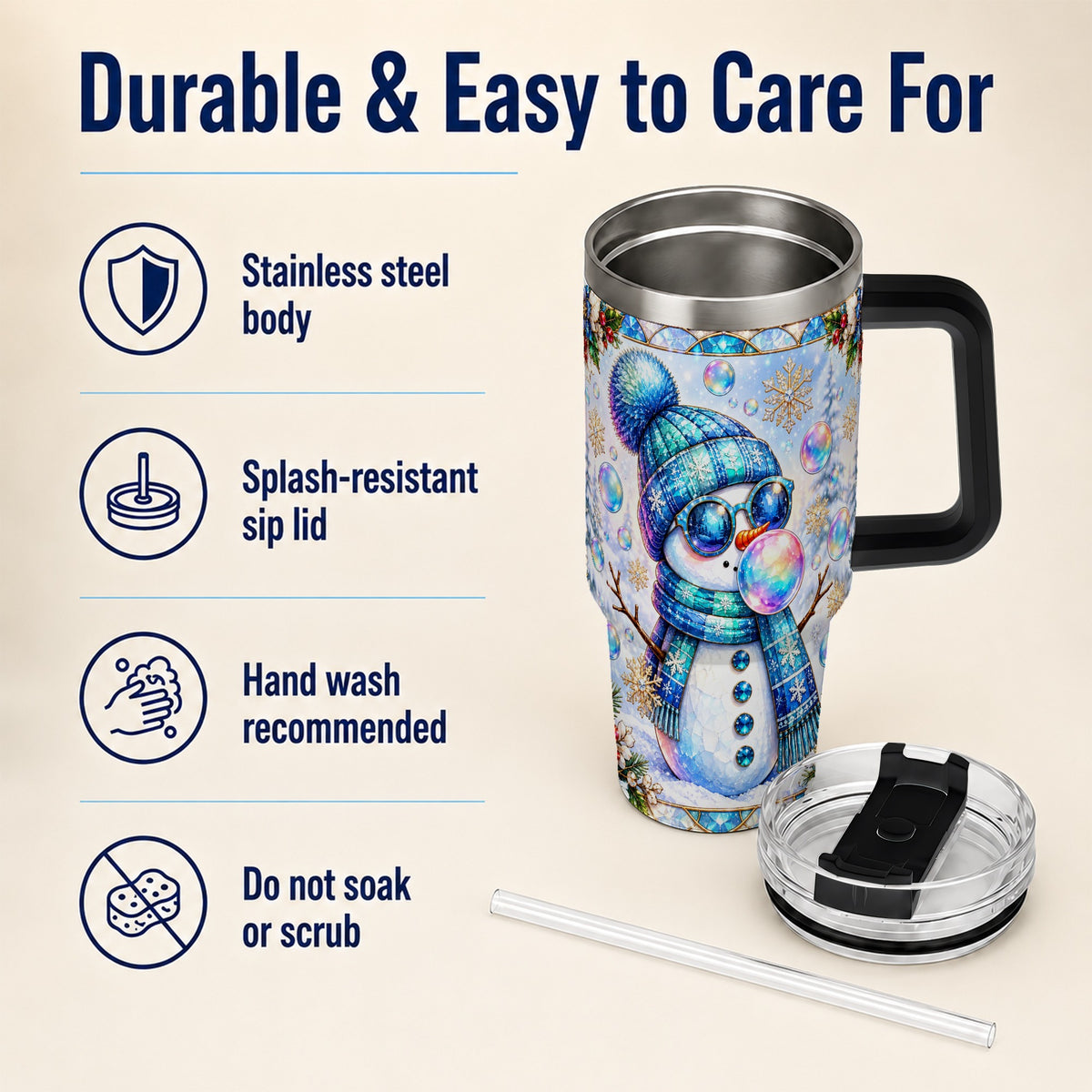#pl[40oz|Black] Blue Snowman 40oz Tumbler with Handle, Winter Stainless Steel Travel Cup