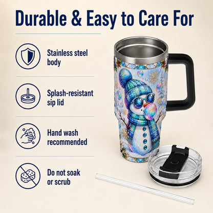 #pl[40oz|Black] Blue Snowman 40oz Tumbler with Handle, Winter Stainless Steel Travel Cup