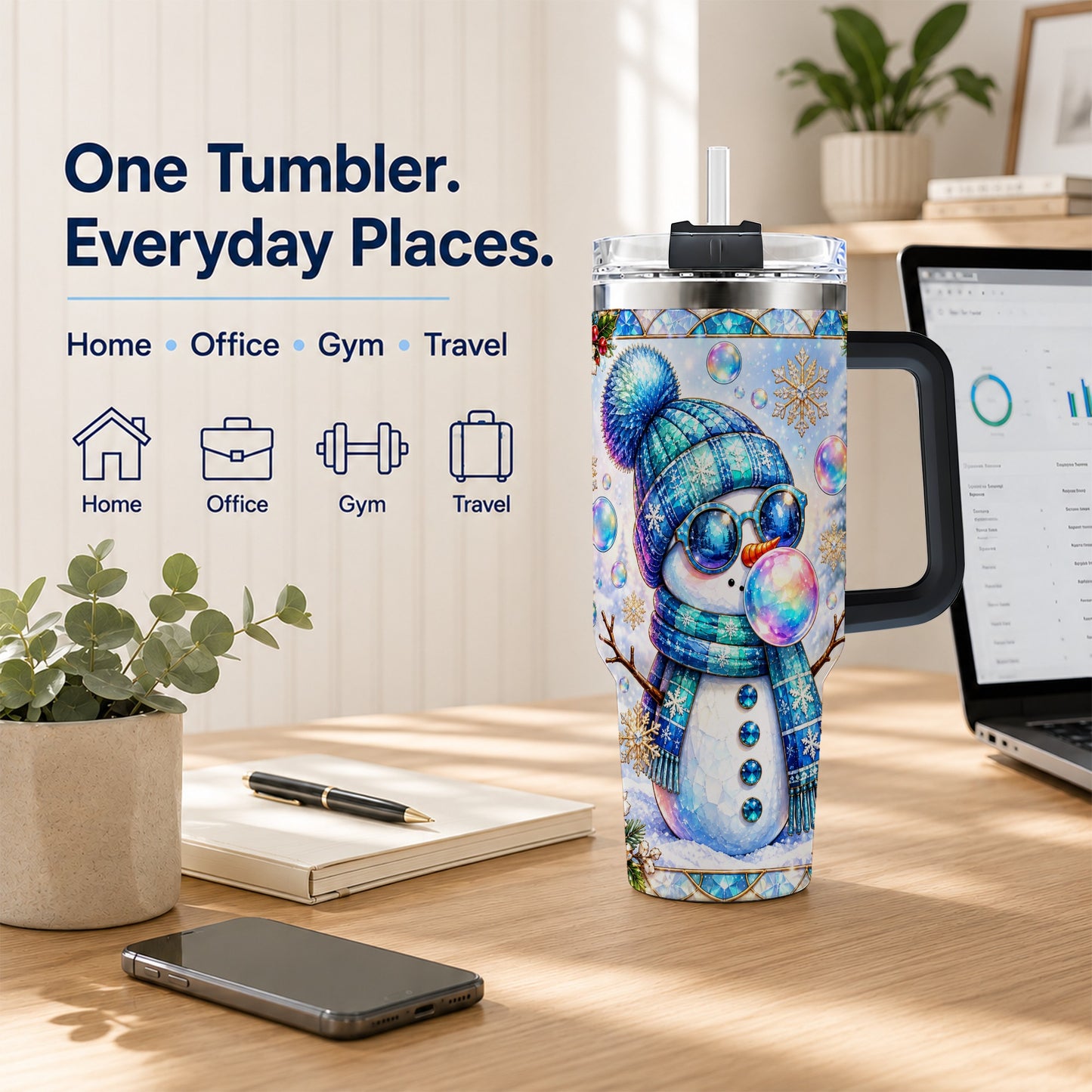 #pl[40oz|Black] Blue Snowman 40oz Tumbler with Handle, Winter Stainless Steel Travel Cup