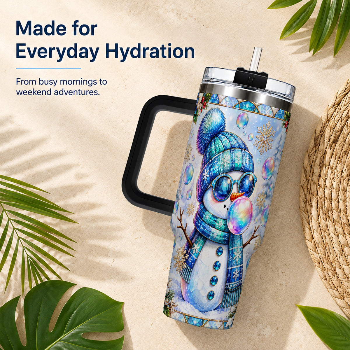 #pl[40oz|Black] Blue Snowman 40oz Tumbler with Handle, Winter Stainless Steel Travel Cup