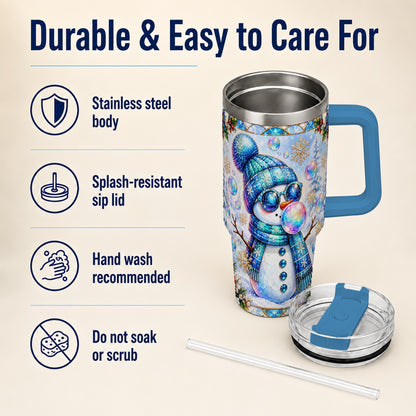 #pl[40oz|Blue] Blue Snowman 40oz Tumbler with Handle, Winter Stainless Steel Travel Cup