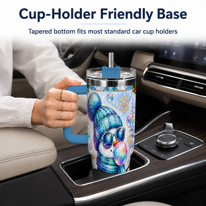 #pl[40oz|Blue] Blue Snowman 40oz Tumbler with Handle, Winter Stainless Steel Travel Cup