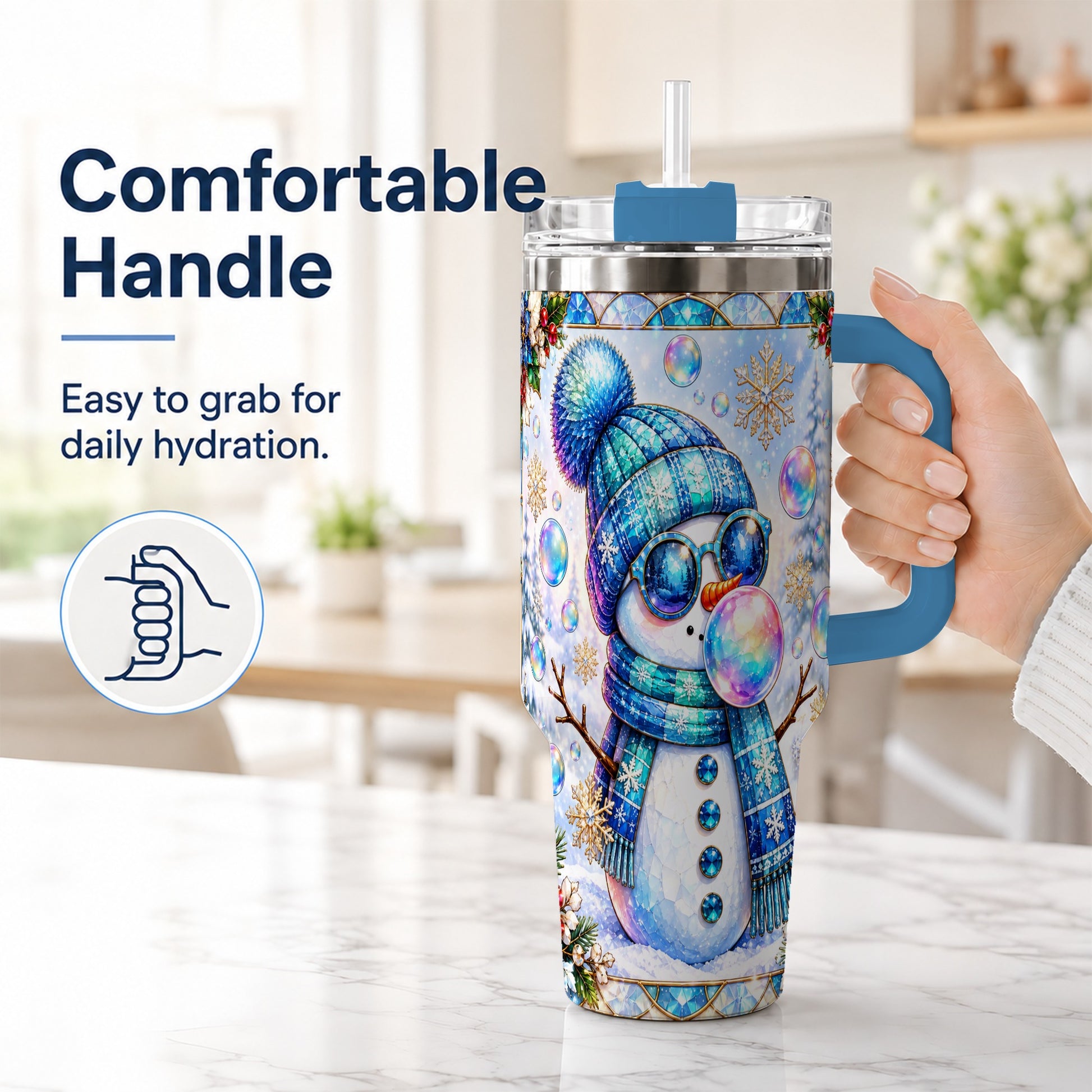 #pl[40oz|Blue] Blue Snowman 40oz Tumbler with Handle, Winter Stainless Steel Travel Cup
