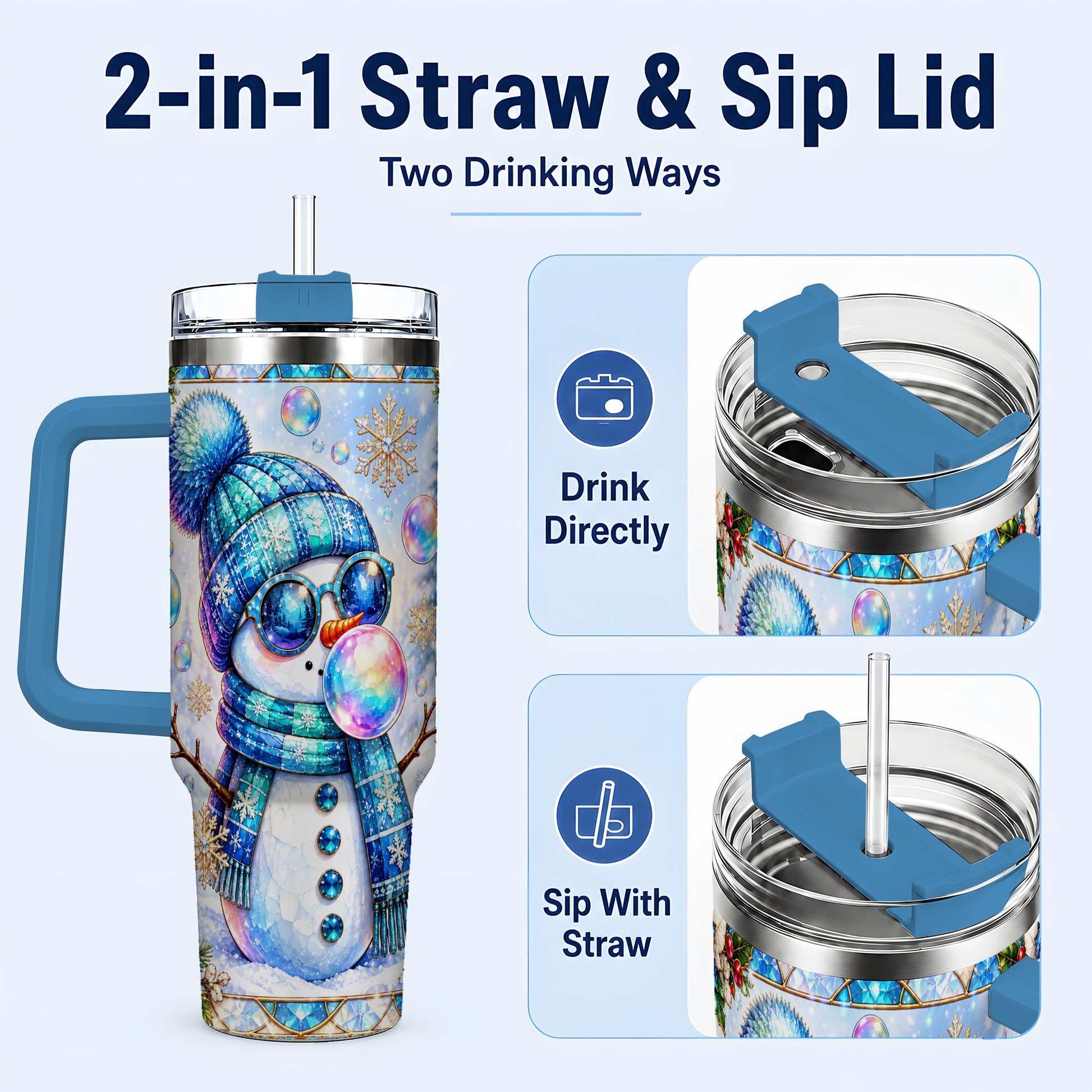 #pl[40oz|Blue] Blue Snowman 40oz Tumbler with Handle, Winter Stainless Steel Travel Cup