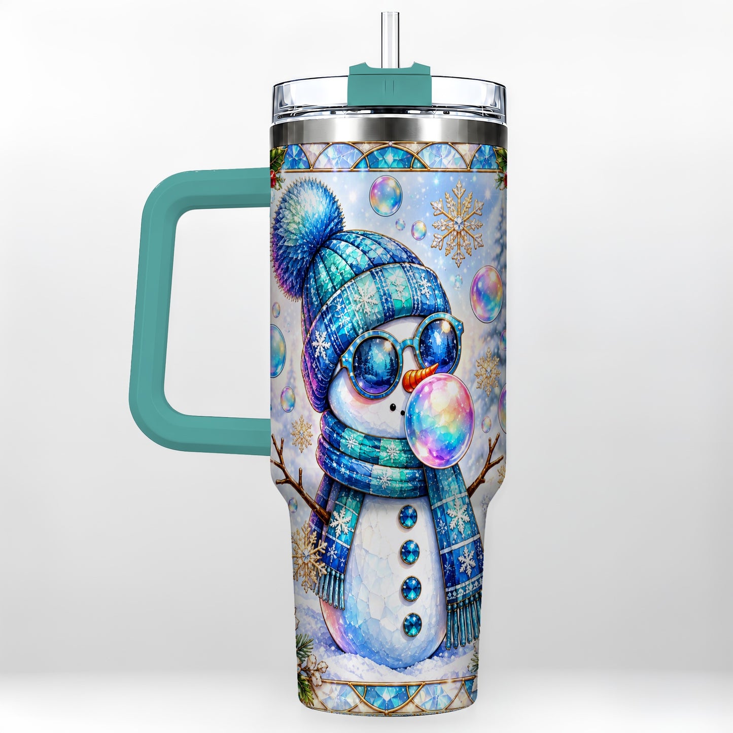 #pl[40oz|Green] Blue Snowman 40oz Tumbler with Handle, Winter Stainless Steel Travel Cup