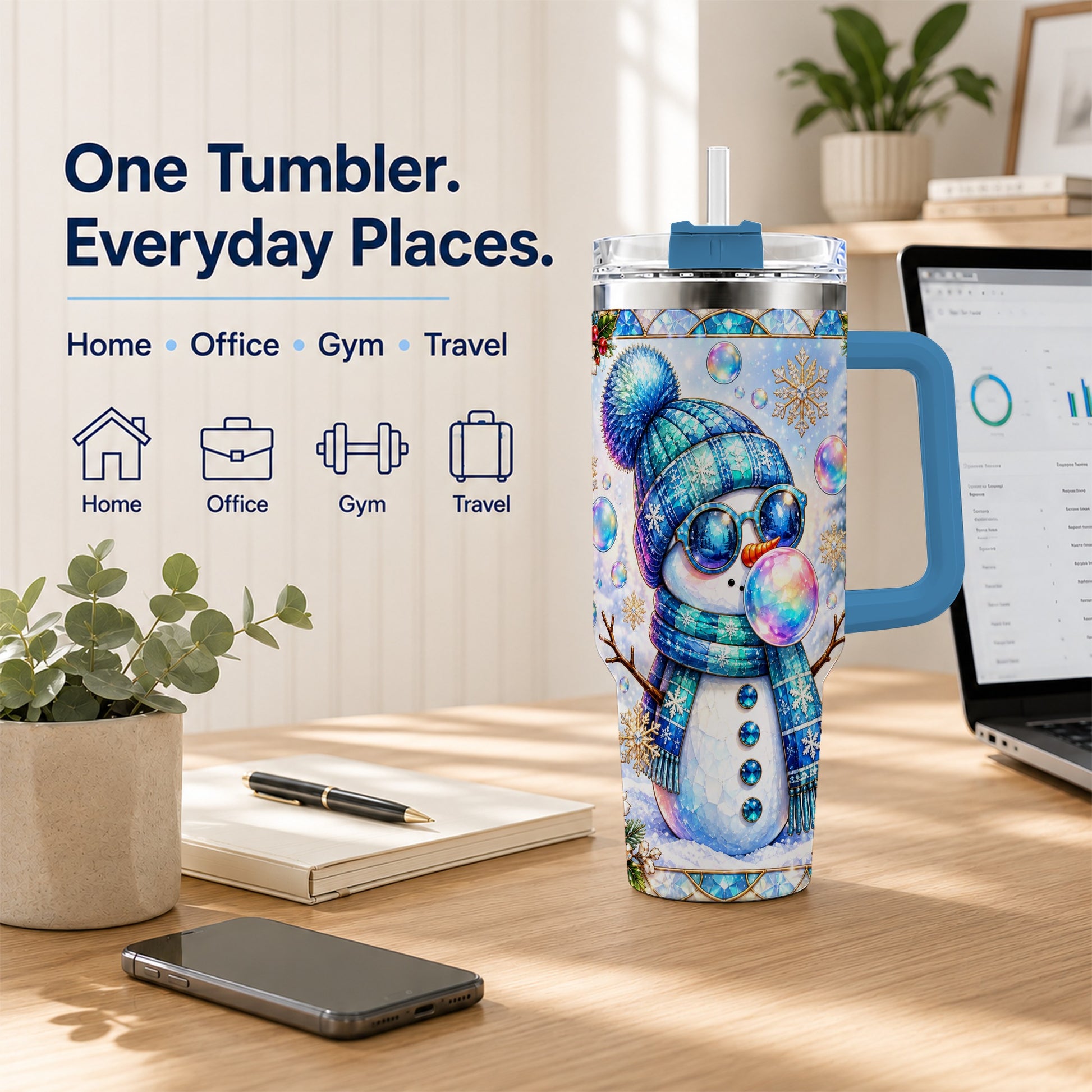 #pl[40oz|Blue] Blue Snowman 40oz Tumbler with Handle, Winter Stainless Steel Travel Cup