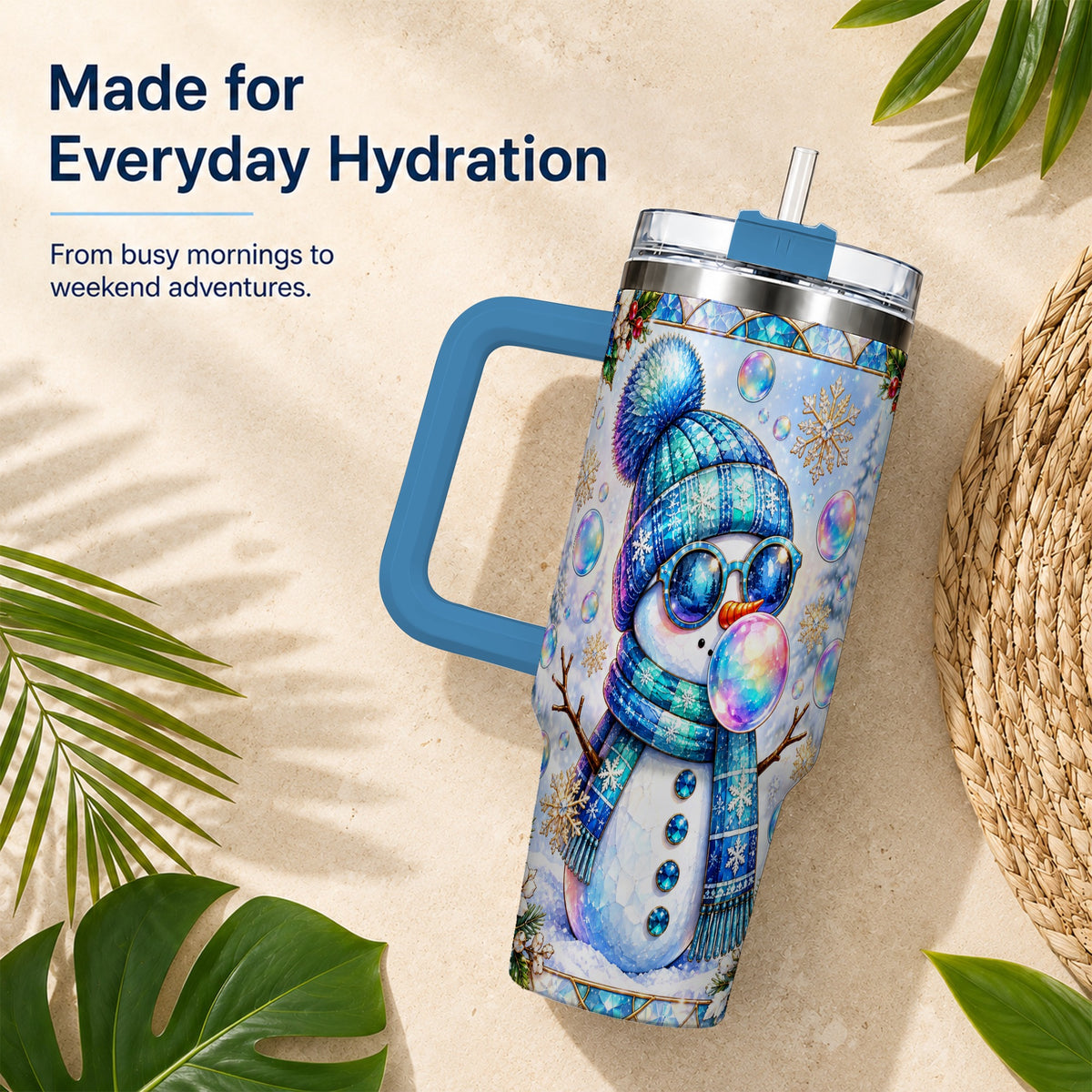 #pl[40oz|Blue] Blue Snowman 40oz Tumbler with Handle, Winter Stainless Steel Travel Cup