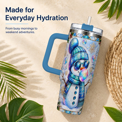 #pl[40oz|Blue] Blue Snowman 40oz Tumbler with Handle, Winter Stainless Steel Travel Cup