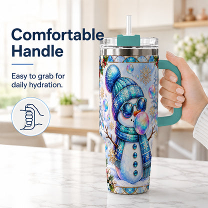 #pl[40oz|Green] Blue Snowman 40oz Tumbler with Handle, Winter Stainless Steel Travel Cup