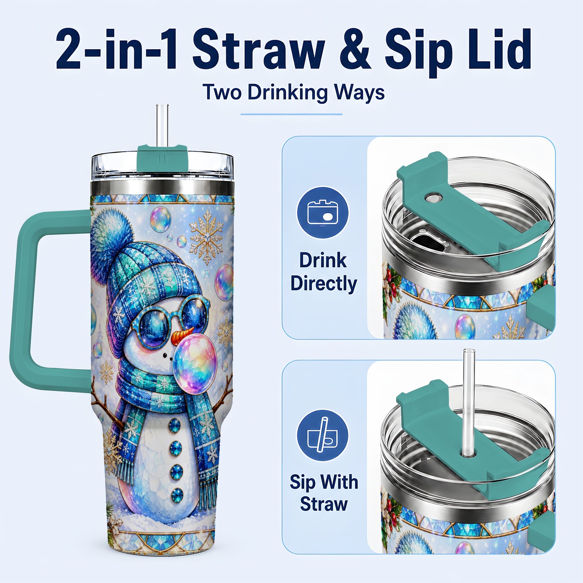#pl[40oz|Green] Blue Snowman 40oz Tumbler with Handle, Winter Stainless Steel Travel Cup