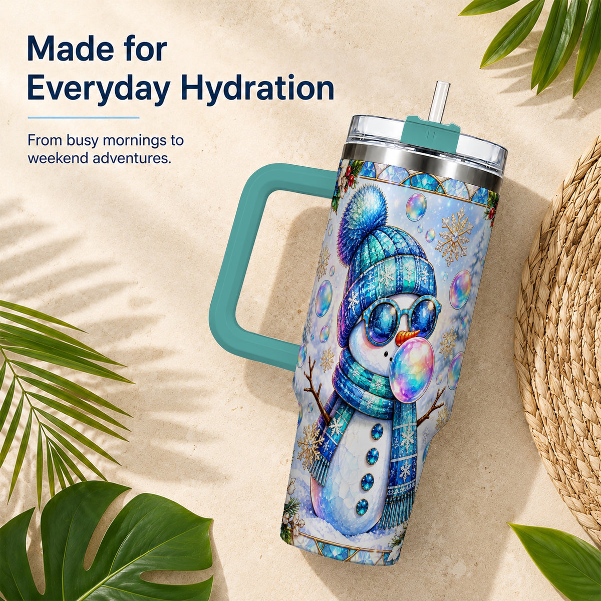 #pl[40oz|Green] Blue Snowman 40oz Tumbler with Handle, Winter Stainless Steel Travel Cup