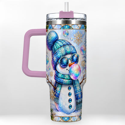 #pl[40oz|Pink] Blue Snowman 40oz Tumbler with Handle, Winter Stainless Steel Travel Cup