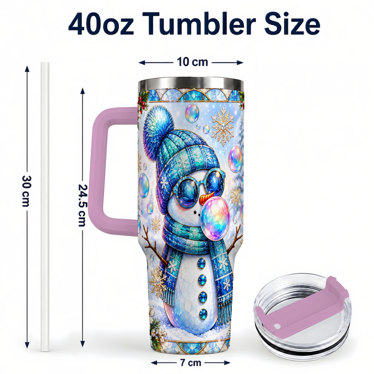 #pl[40oz|Pink] Blue Snowman 40oz Tumbler with Handle, Winter Stainless Steel Travel Cup