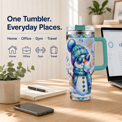 #pl[40oz|Green] Blue Snowman 40oz Tumbler with Handle, Winter Stainless Steel Travel Cup