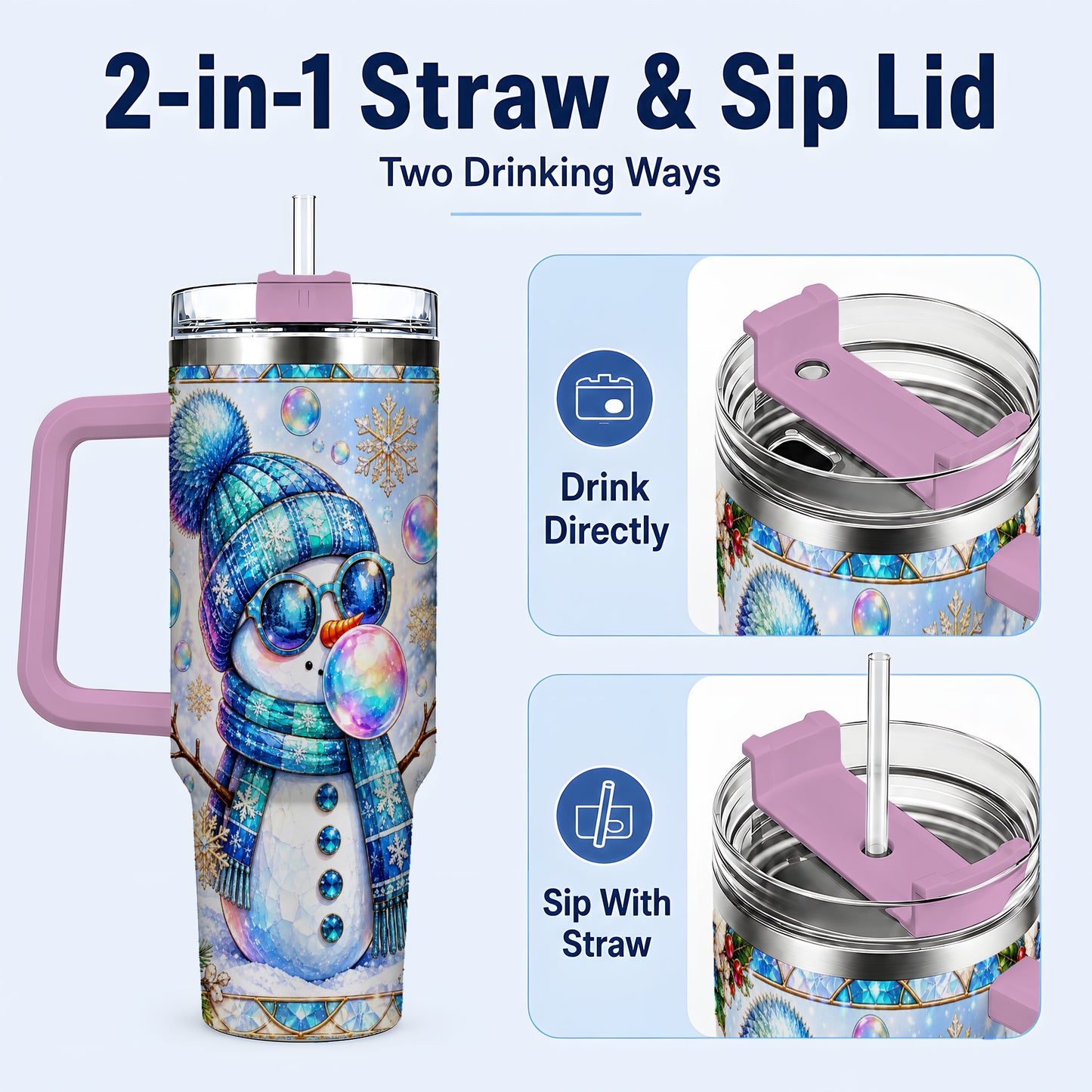 #pl[40oz|Pink] Blue Snowman 40oz Tumbler with Handle, Winter Stainless Steel Travel Cup