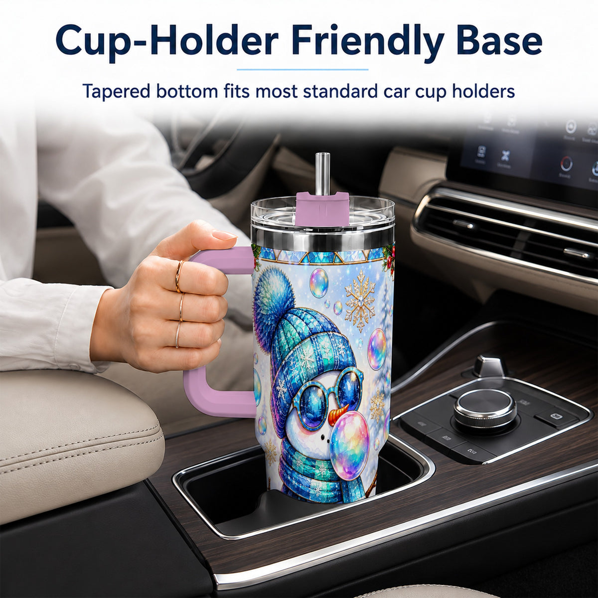 #pl[40oz|Pink] Blue Snowman 40oz Tumbler with Handle, Winter Stainless Steel Travel Cup