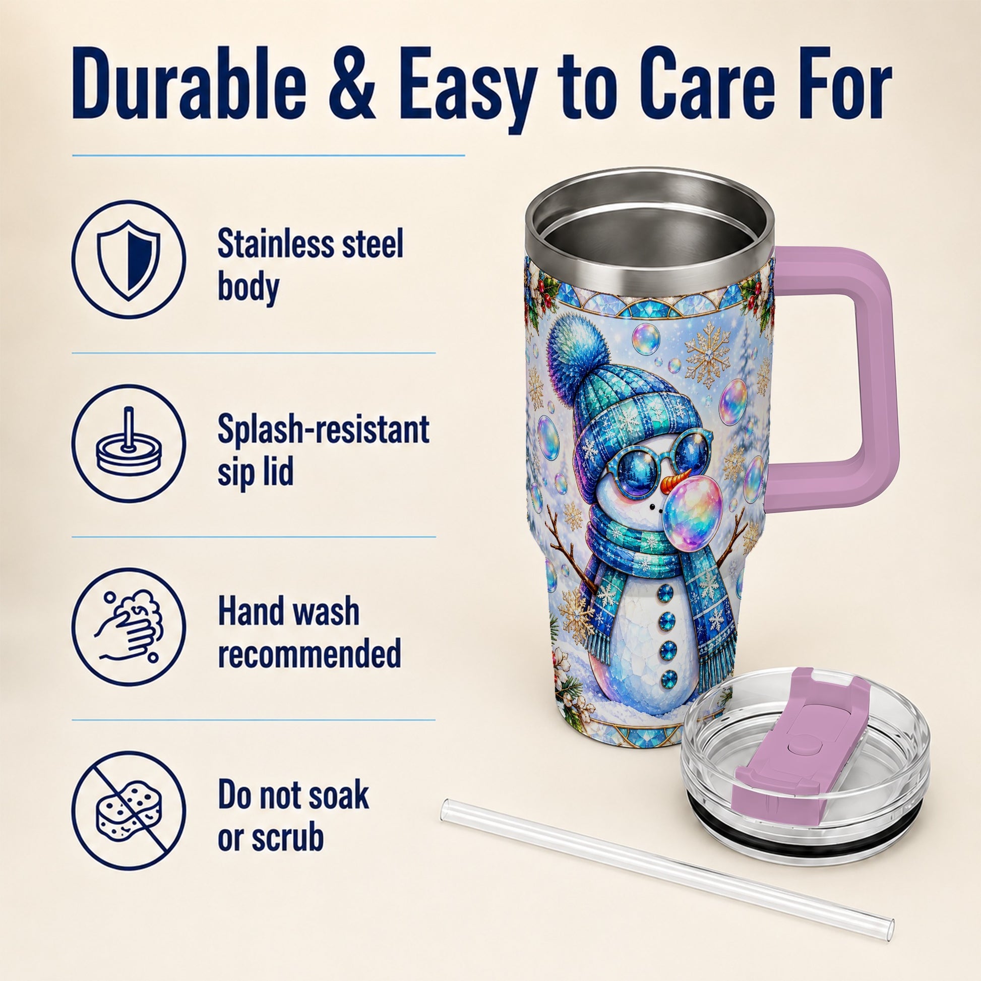 #pl[40oz|Pink] Blue Snowman 40oz Tumbler with Handle, Winter Stainless Steel Travel Cup