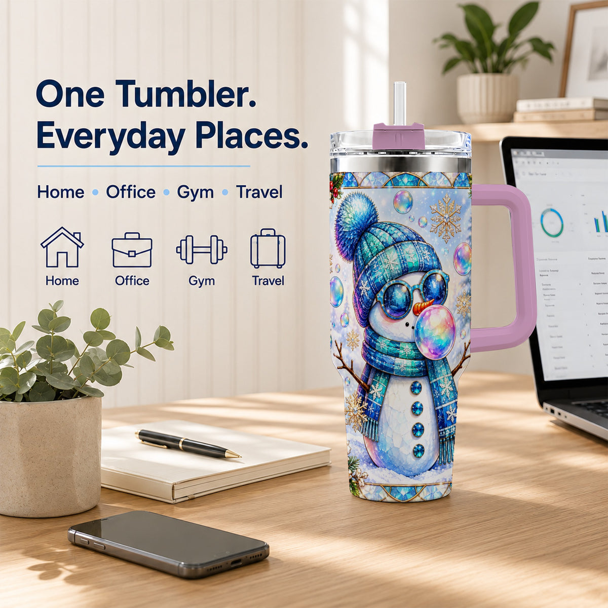 #pl[40oz|Pink] Blue Snowman 40oz Tumbler with Handle, Winter Stainless Steel Travel Cup