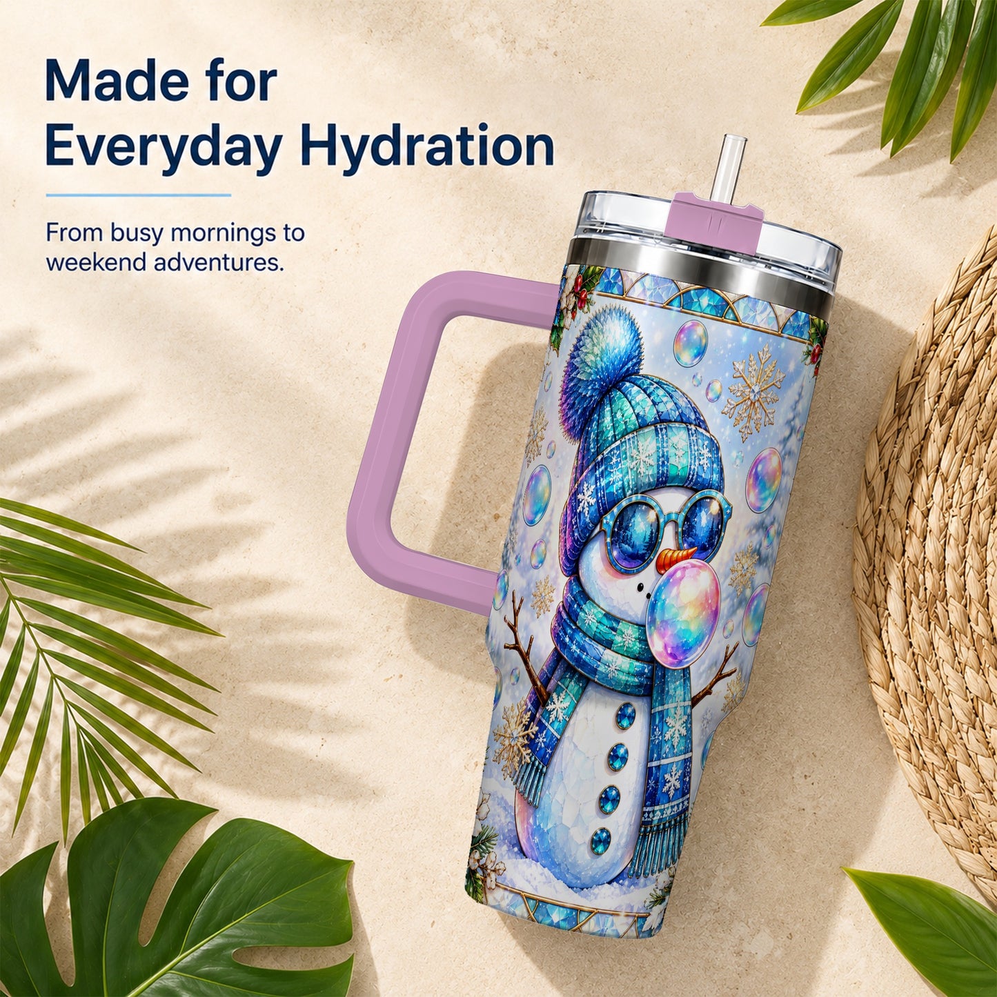 #pl[40oz|Pink] Blue Snowman 40oz Tumbler with Handle, Winter Stainless Steel Travel Cup