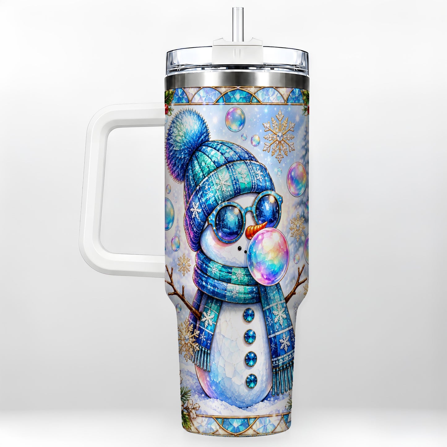 Blue Snowman 40oz Tumbler with Handle, Winter Stainless Steel Travel Cup
