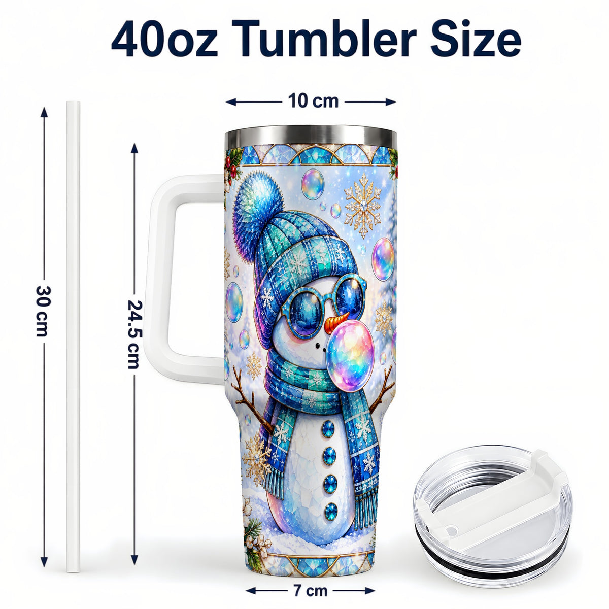 #pl[40oz|White] Blue Snowman 40oz Tumbler with Handle, Winter Stainless Steel Travel Cup