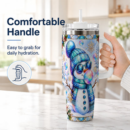 #pl[40oz|White] Blue Snowman 40oz Tumbler with Handle, Winter Stainless Steel Travel Cup