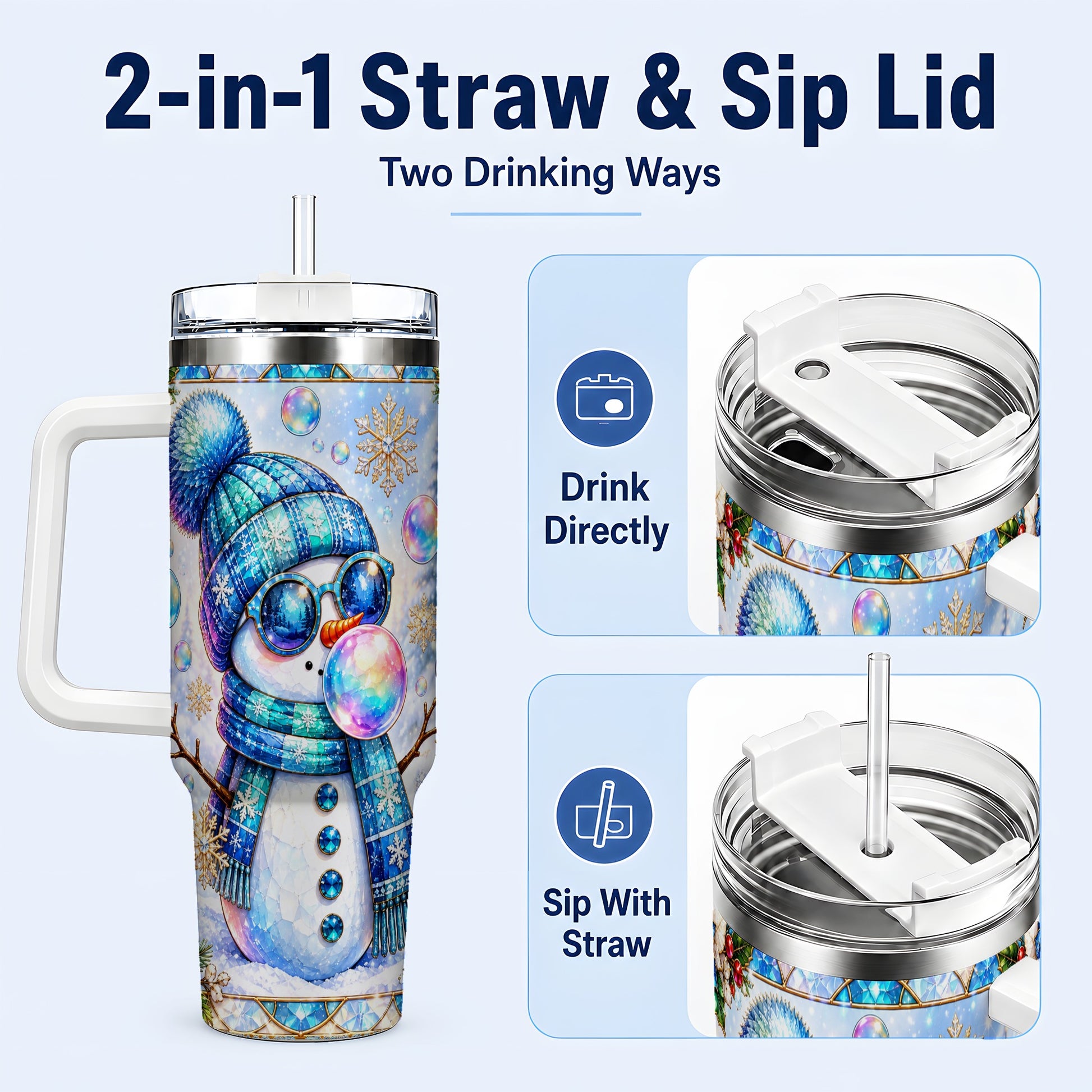 #pl[40oz|White] Blue Snowman 40oz Tumbler with Handle, Winter Stainless Steel Travel Cup