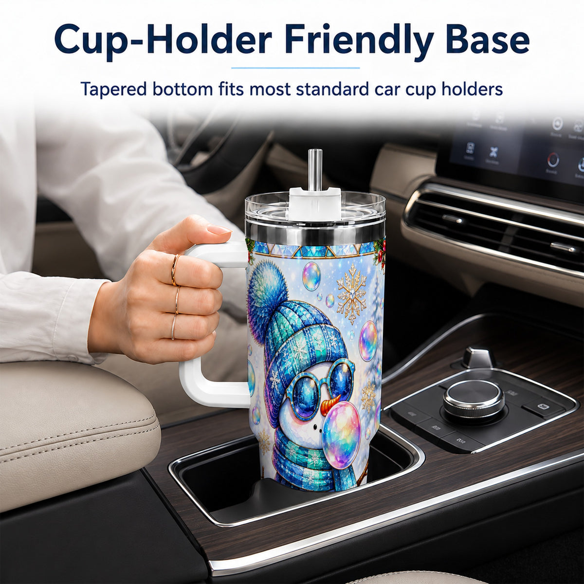 #pl[40oz|White] Blue Snowman 40oz Tumbler with Handle, Winter Stainless Steel Travel Cup