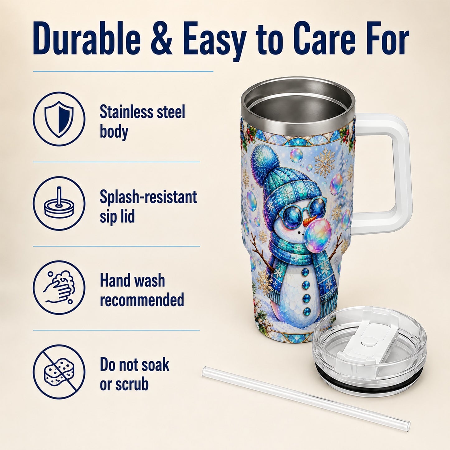 #pl[40oz|White] Blue Snowman 40oz Tumbler with Handle, Winter Stainless Steel Travel Cup