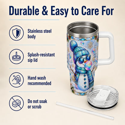 #pl[40oz|White] Blue Snowman 40oz Tumbler with Handle, Winter Stainless Steel Travel Cup