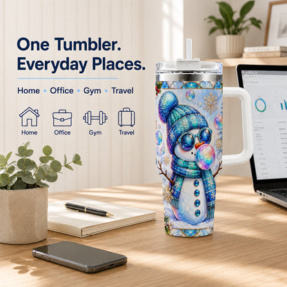 #pl[40oz|White] Blue Snowman 40oz Tumbler with Handle, Winter Stainless Steel Travel Cup
