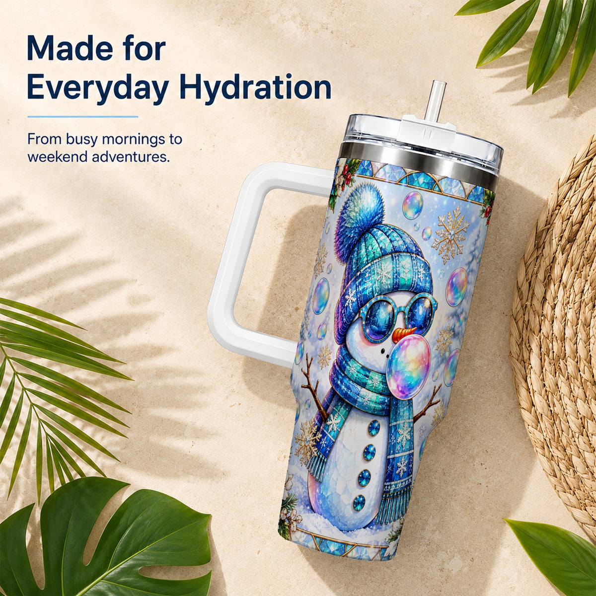 #pl[40oz|White] Blue Snowman 40oz Tumbler with Handle, Winter Stainless Steel Travel Cup