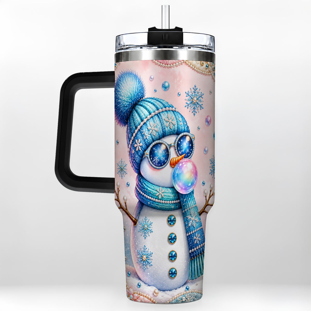 #pl[40oz|Black] Blue Snowman 40oz Tumbler with Handle, Winter Stainless Steel Travel Cup