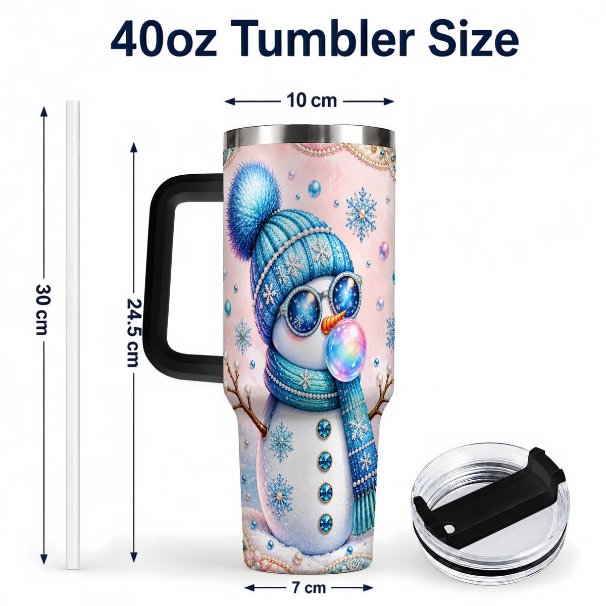 #pl[40oz|Black] Blue Snowman 40oz Tumbler with Handle, Winter Stainless Steel Travel Cup